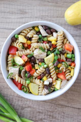Chicken pasta salad in a bowl