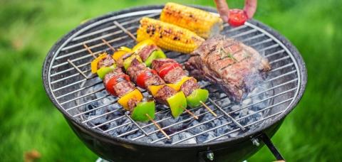 grilled kabobs, corn, steak